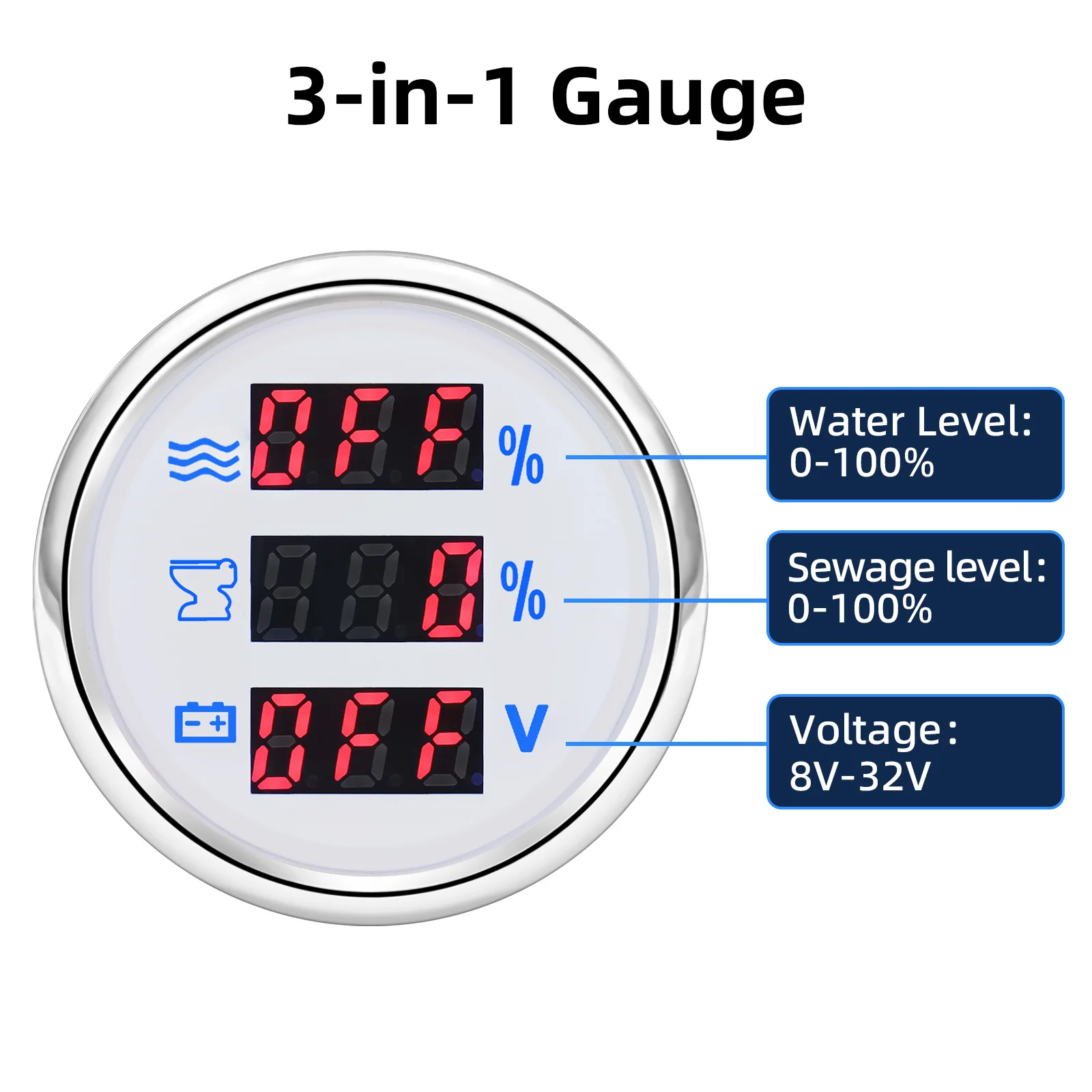 Jauge de niveau d\'eau numérique multi-0-190 Ohm, jauge de 52mm avec alarme, LED rouge, compteur de niveau d\'eau 3 en 1, jauge de maintien précieuse,