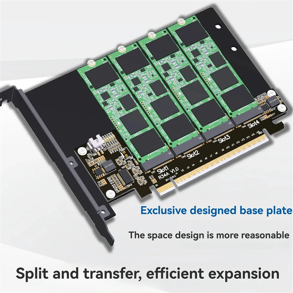 

NEW R34A PCI-E 5.0 X16 to 4 Ports M.2 NVMe Expansion Card M.2 NVMe Solid State Drive SSD 128Gbps Gen 5 4-Disks Split Adapter