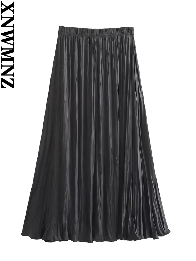 XNWMNZ Women Vintage pleated midi skirt Women\'s fashion elasticated waistband high-waist pleated midi skirt asymmetric hem