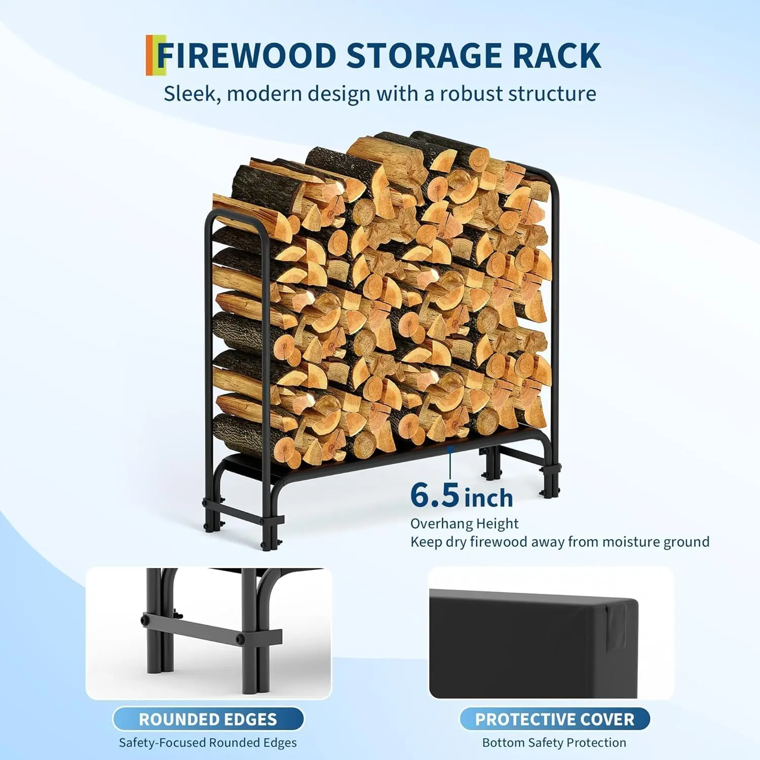4FT 8FT Brennholz-Holzregal mit Abdeckung, schwarzer wasserdichter Oxford-Stoff mit Reißverschluss, robuste Holzlagerregale für Veranda, Pati – Detail 4