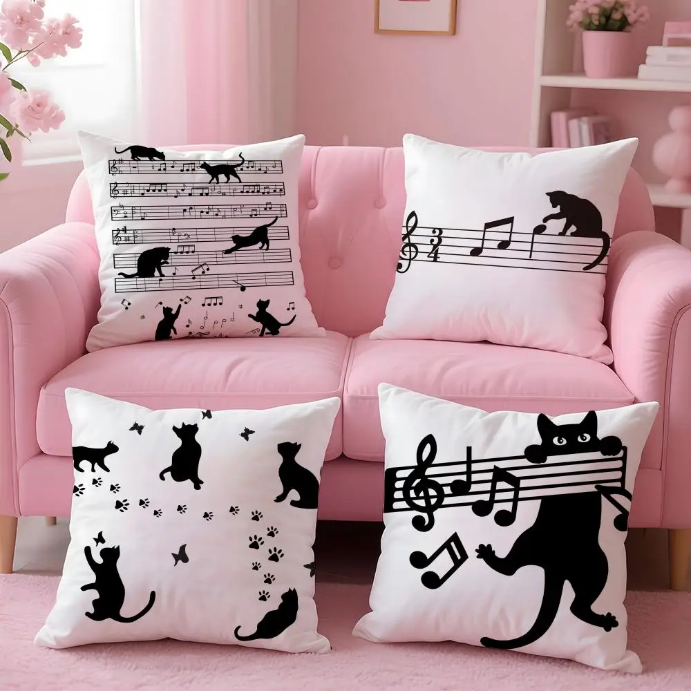 Cat Musical Symbol Cushion Cover Short Plush Double-Sided Printing Home Machine Washable in Warm Winter Pillow Cover