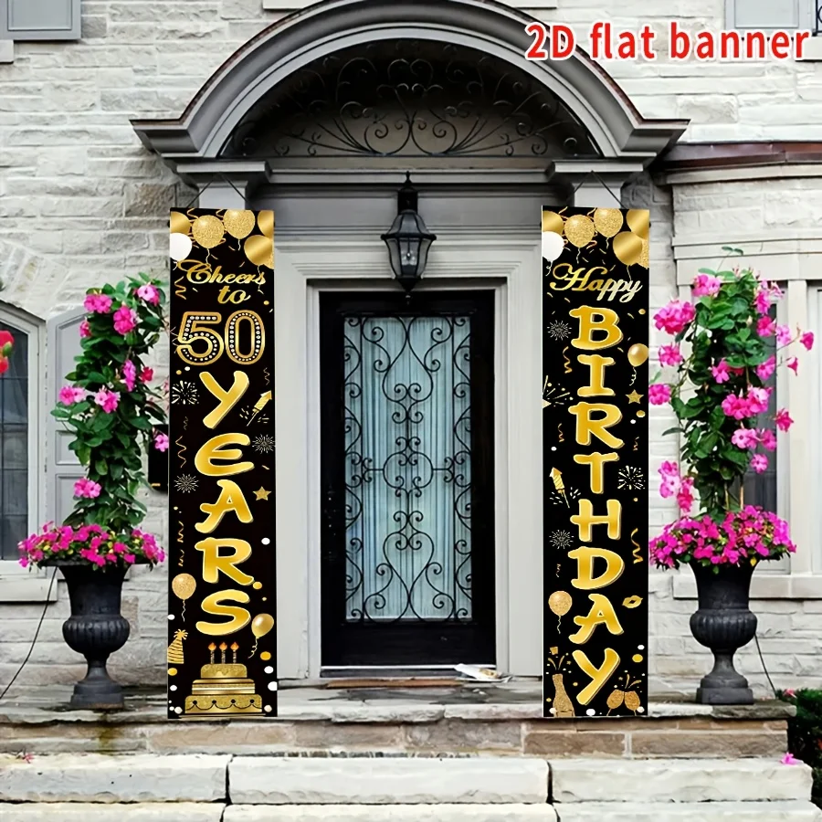 Bannière plate 2D - 1 exemplaire pour la décoration d'une fête d'anniversaire de 50 ans, avec des couleurs noir et or pour symboliser un toast de 50 ans.