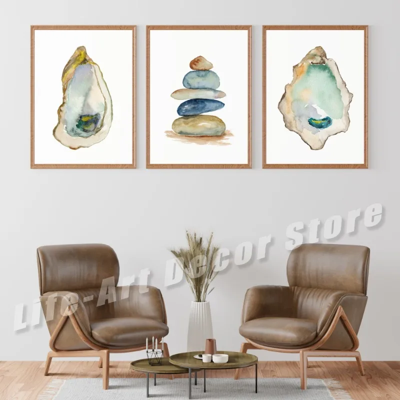 Oyster Shellfish Wall Art Pebble Prints Watercolor Rock Poster Oyster Shell Canvas Printing for Living Room Home Decor Picture
