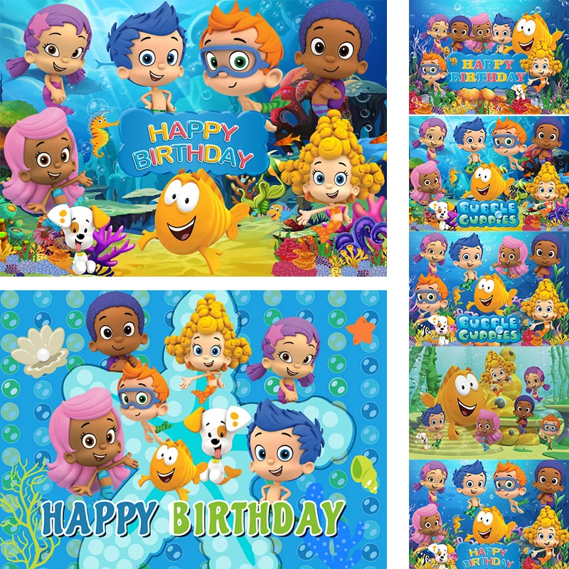 Cartoon Bubble Guppies Theme Children Birthday Backdrop Decoration Baby Shark Seaworld Baby Birthday 1-9 Year Decorations Banner