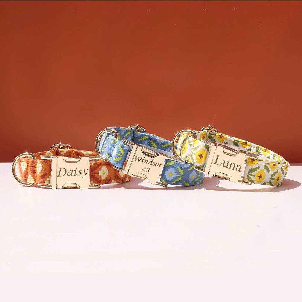 Customized Pixel Flowers Dog Collar,Free Engraving Personalized Buckle for Small Medimum Large Dogs, Matching Leash Available