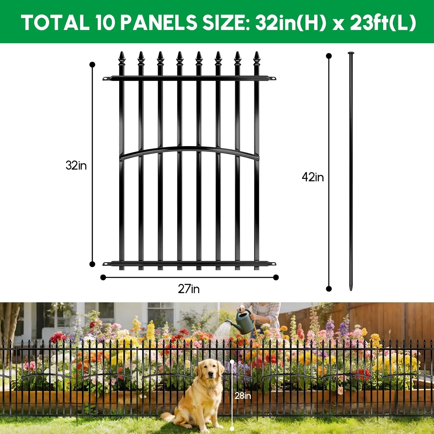 Metal Garden Fence 32in H x 27in W (10 Panels, Total Length 23ft), No Dig Animal Barrier Fence for Dogs, Heavy Duty Tube