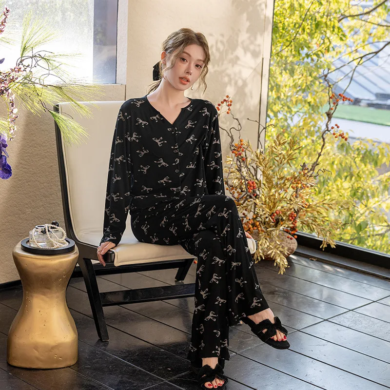 أنيقة فراشة عقدة ملابس خاصة المرأة ربيع الخريف الخامس الرقبة طويلة الأكمام السراويل الطويلة سترة مفتوحة مجموعة ملابس المنزل الحلو #2