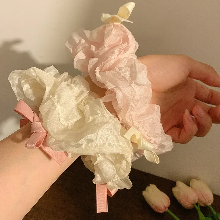 Pink Bow Mesh Hair Ring Large Intestine Hair Ring Ins Simple  Rope Fat Intestine Head Rope Female Korean Hair Accessories