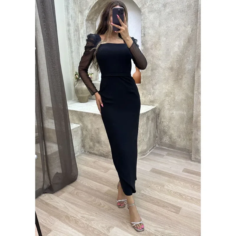 Sexy See-through Slim-fit Hip Wrap Dress Square Collar Black Dress Party Club Dress LongDress Formal Commuter Long-sleeved Dress