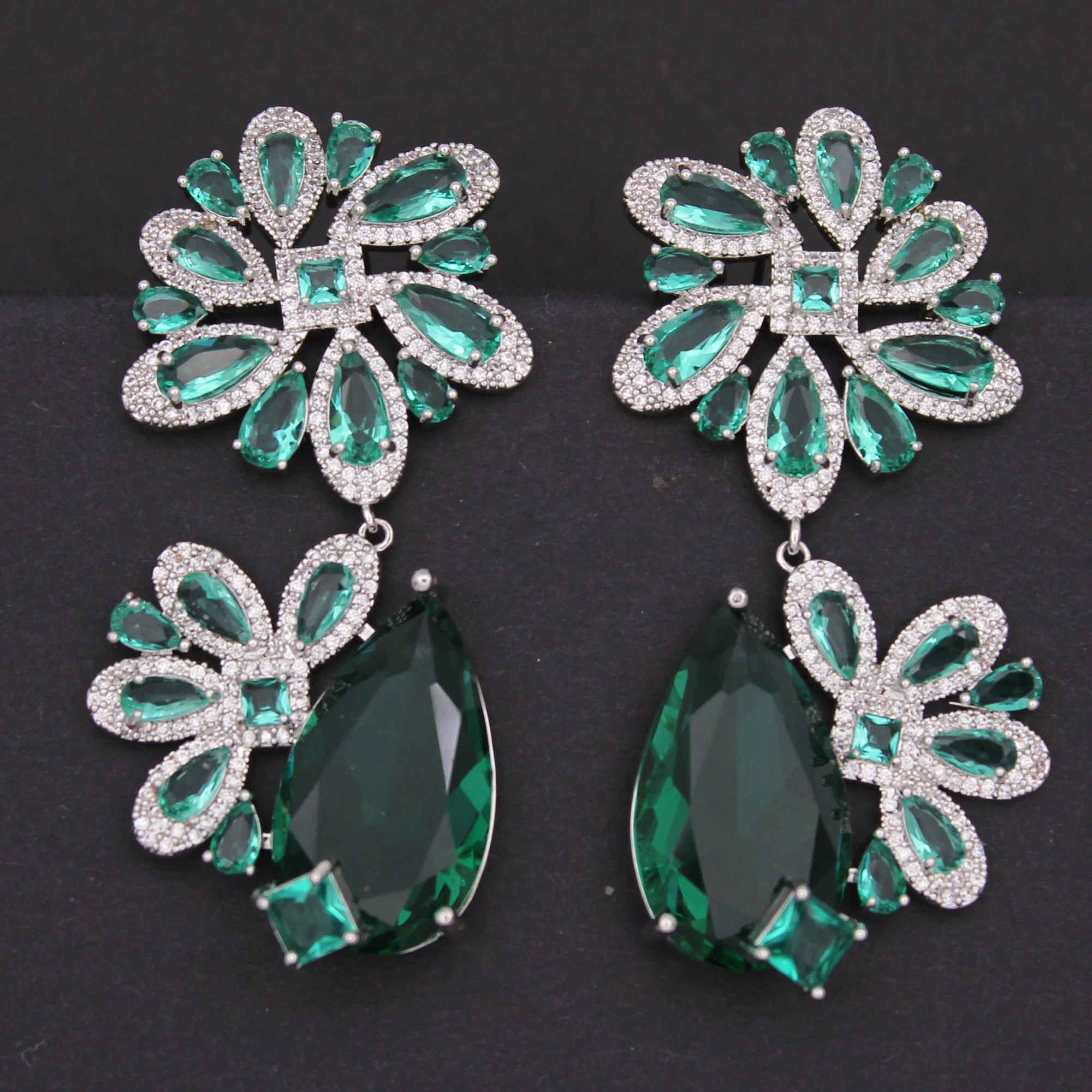 Green Flower Earrings for Women Luxury Jewelry Accessories Zircon Wedding Evening Earrings Water Drop Female Gift