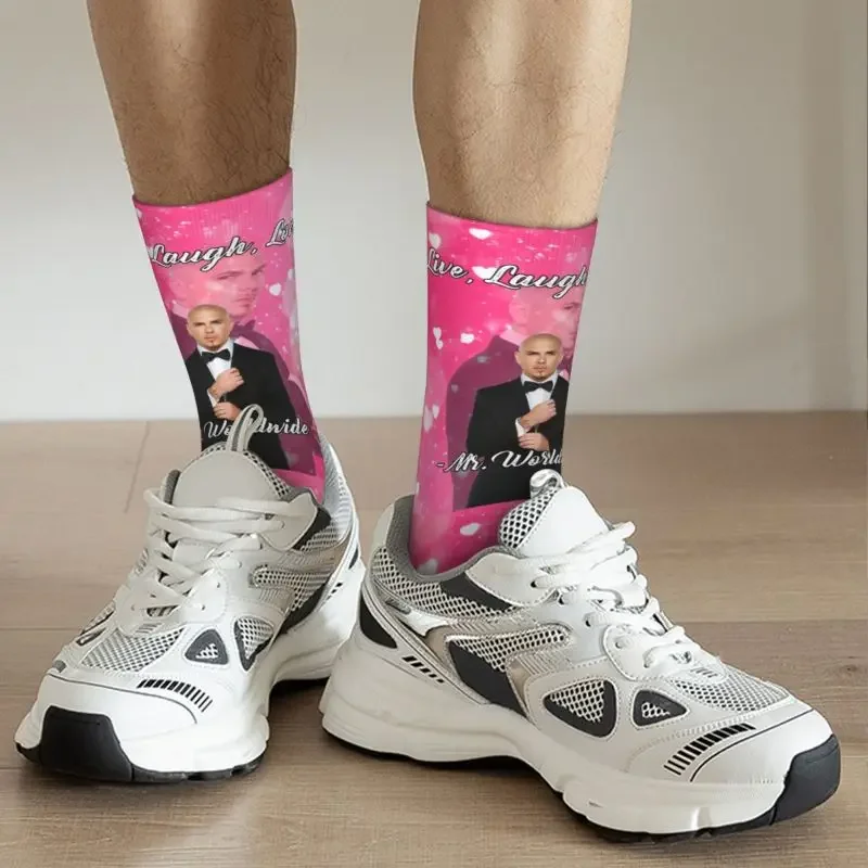 Cute Print Mr Worldwide Says To Live Laugh Love Pink Socks for Women Men Stretchy Summer Autumn Winter Pitbull Crew Socks