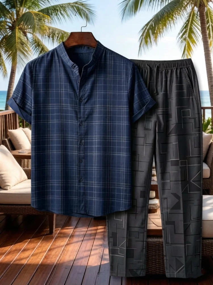 

Men Summer Stand Collar Short Sleeve Shirt Long Pants Set Plaid Print Business Casual Outfit