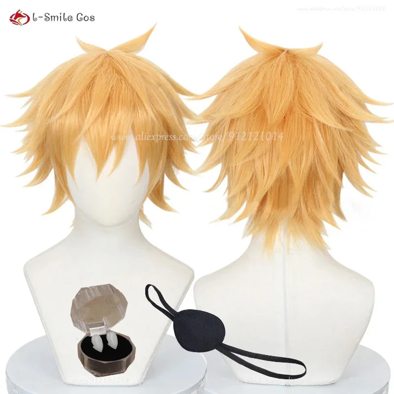 Nueva peluca Denji Anime COS Denji Cosplay peluca parche de ojos corto dorado resistente al calor pelucas de fiesta de pelo sintético + gorro de peluca
