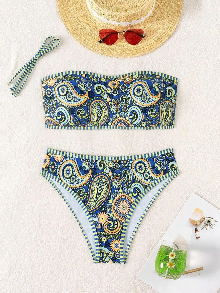

Bandage-Style Paisley Print Two-Piece Bikini With Striped Trim, Backless Tie-Up Top And High-Cut Briefs For Summer Holidays