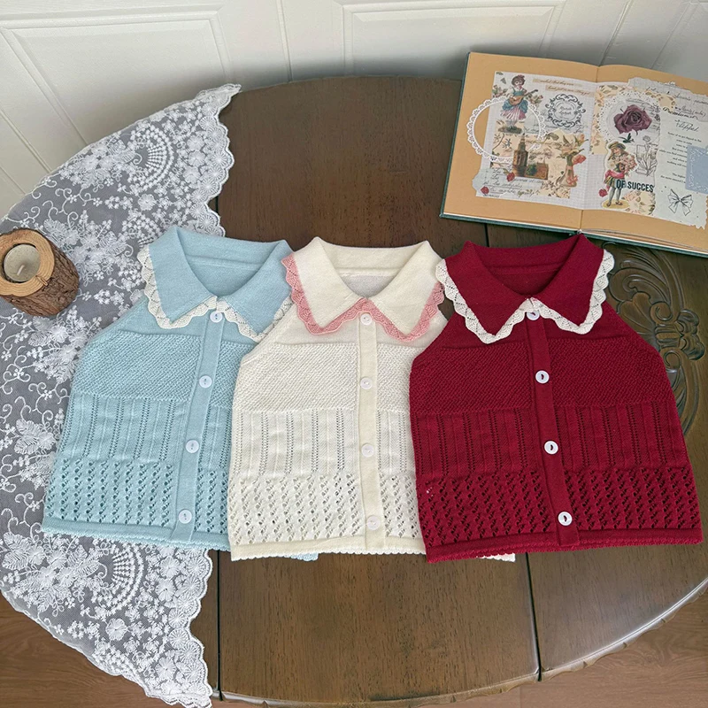 2026 New Summer 1-5Yrs Kids Thin Solid Color Knitted Hollow Out Pullover Vest Baby Girls Thin Knitted Sweaters