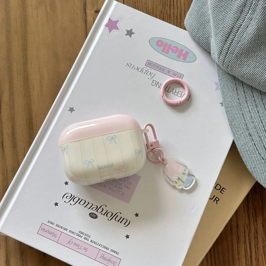 Pink Bowknot Stripe Splicing Cute Table Lamp Pendant Case Cover for AirPods 1 or 2 3 4 AirPods Pro Pro 2