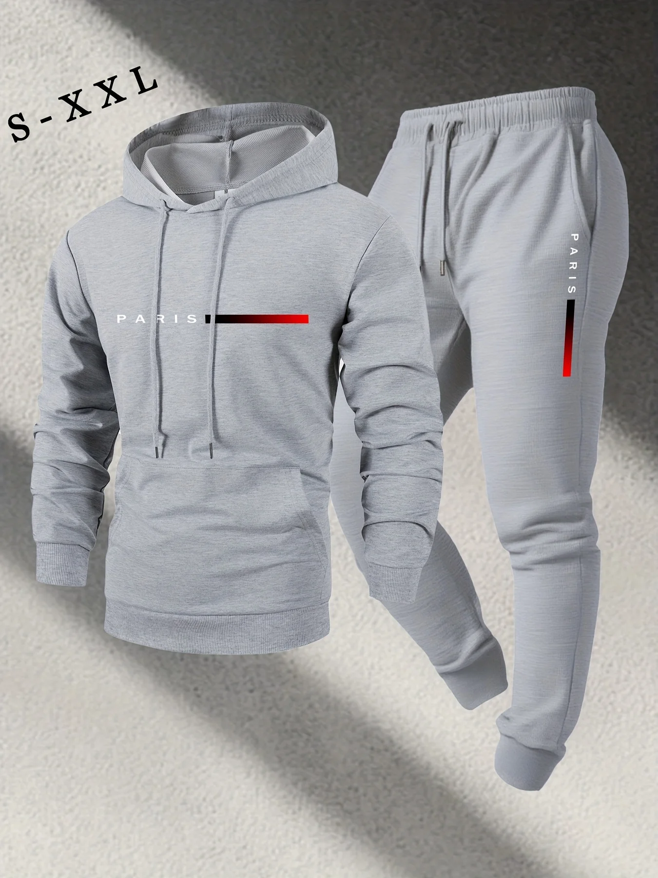 Conjunto de sudadera y pantalones con capucha de otoño para hombre con sudadera con capucha con estampado de letras de París y pantalones con parte inferior abotonada, conjunto de 2 piezas