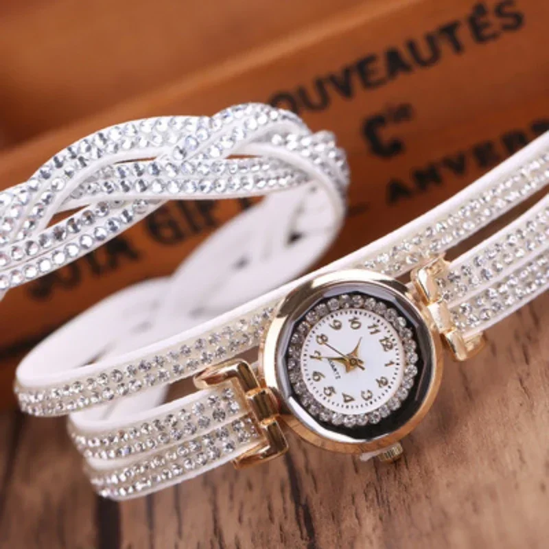 Reloj de cuero con correa larga para mujer, relojes de cuarzo con diamantes de imitación, pulsera informal, regalo femenino