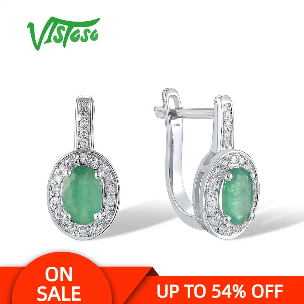 

VISTOSO Pure 14K 585 White Gold Earrings For Women Sparkling Diamond Solitaire Emerald Delicate Wedding Anniversary Fine Jewelry