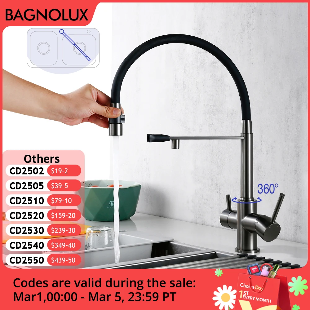 Gunmetal Kitchen Faucet Filter 360 Swivel Pure Water Tap for 3 Ways Kitchen Pull Out Purification Water Mixer Double Handle