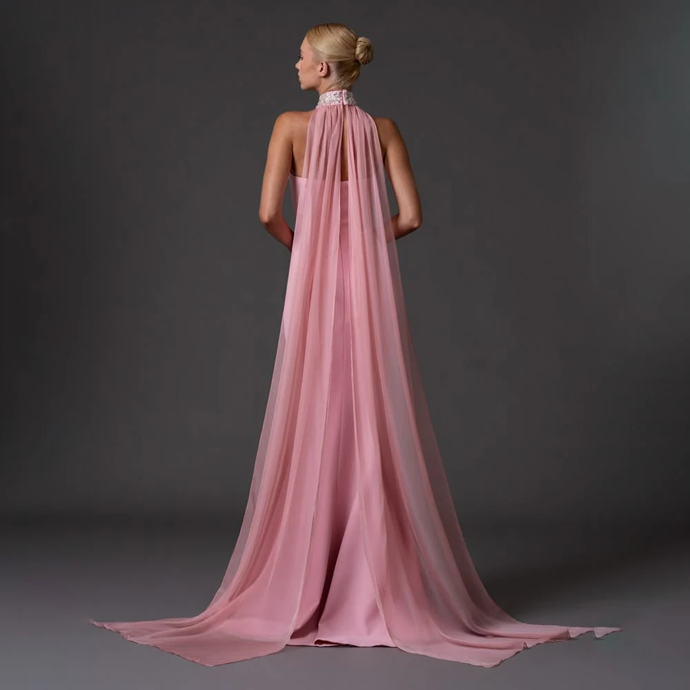 Chiffon Evening Dresses for Elegant Women Fashion Sleeveless Chapel Train Cap Crystal Halter Prom Dress Special Occasion Gowns