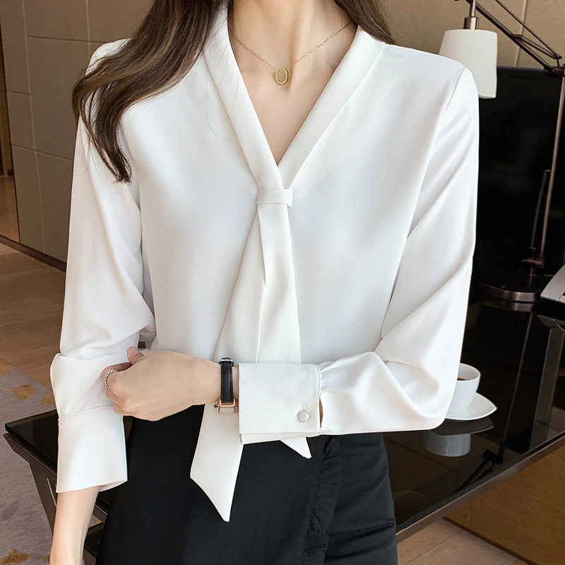 Autumn New Temperament Elegant Chiffon Shirts Women Clothing V-neck Simple Solid Blouse Vintage Loose Office Lady Tops