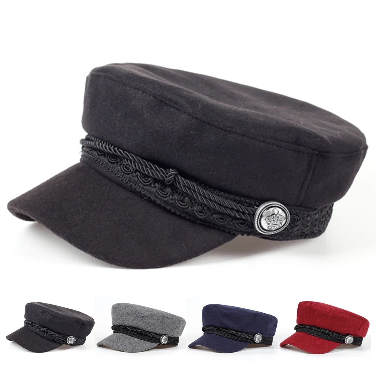 Unisex Crown Buckle Lace Army Cap Spring Autumn Sailor Hats Black Ladies Beret Caps Men Flat Top Captain Military Caps