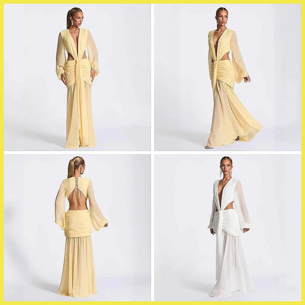

Elegant Chiffon Maxi Dress with Sexy Backless & Deep V-Neck Long Sleeve Party Dress