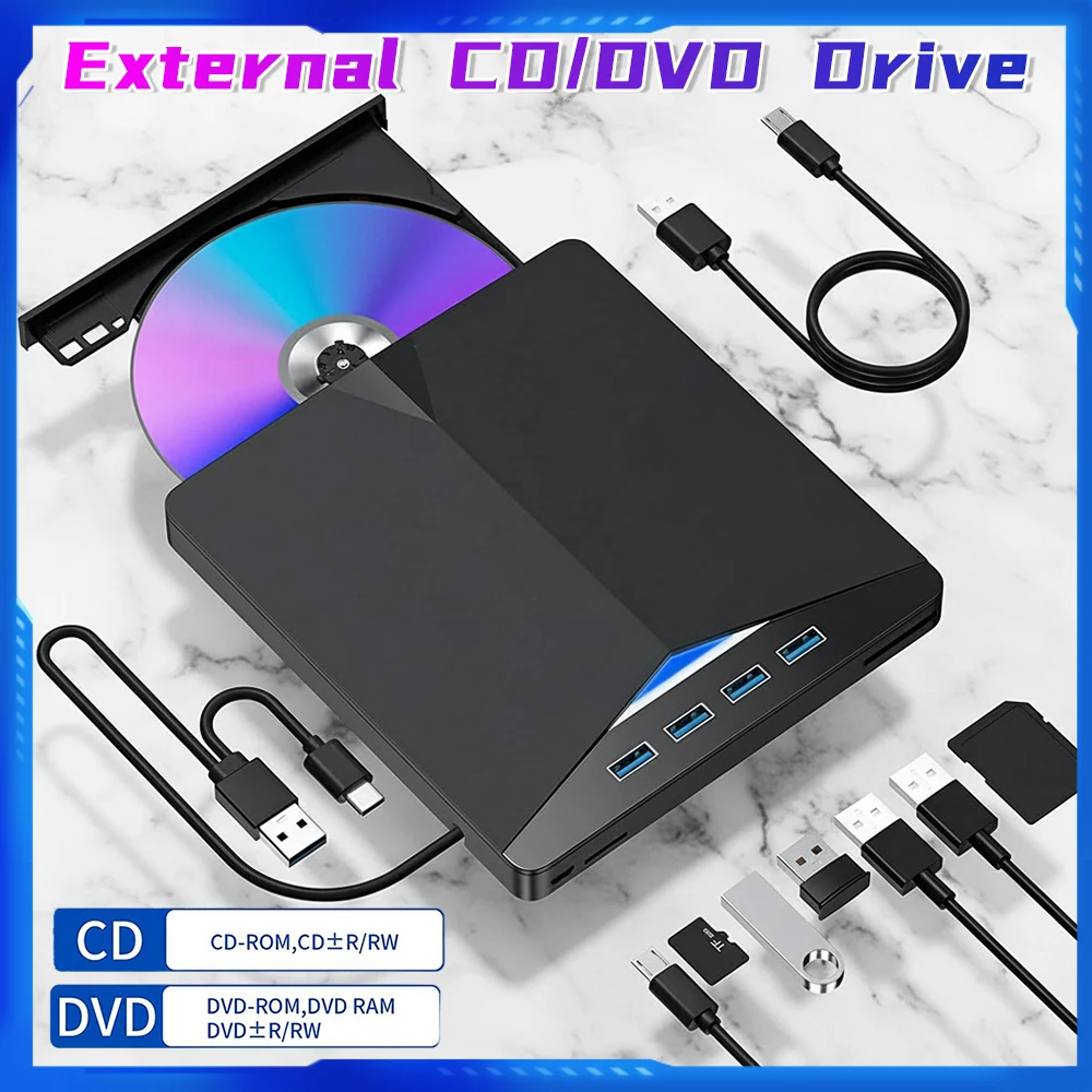 7 In 1 USB3.0 Type-C External Mobile Drive CD DVD Burner Plug-and-Play Slim Blu-ray Drive for Windows 11/10/8/7/Linux/ OS