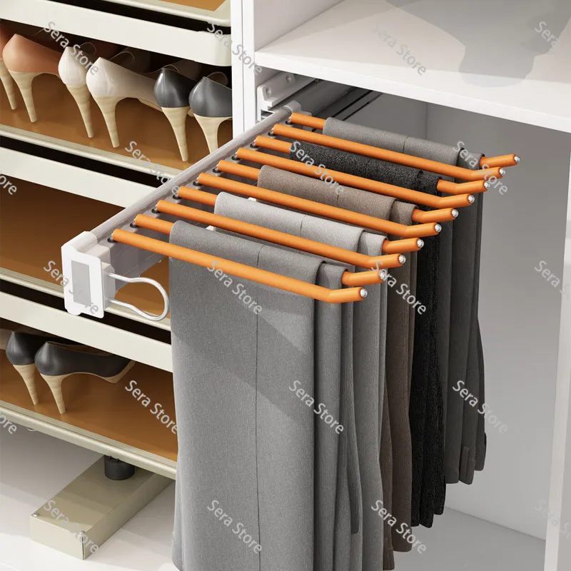 Home Wardrobe Built in Slide Rail Pull Out Trouser Rack Expandable Anti Slip Pant Hanger Top Side Mount Multi Functional Drawer