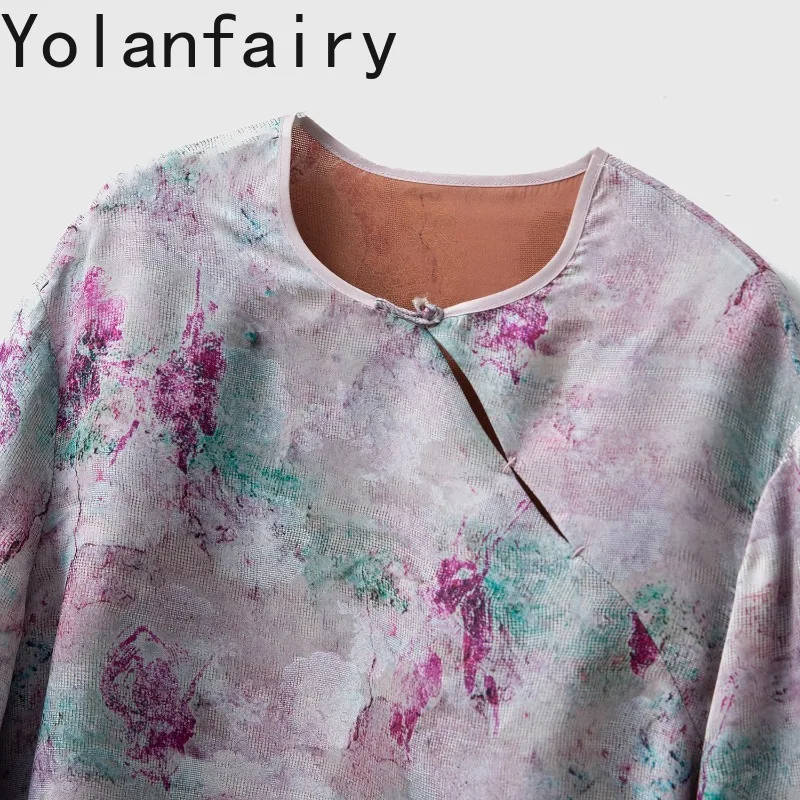 YOLANFAIRY 2026 Women Loose Silk Blouse 100% Mulberry Silk Gambiered Jacquard Organza Shirts Woman Roll-up Sleeves Casual Top