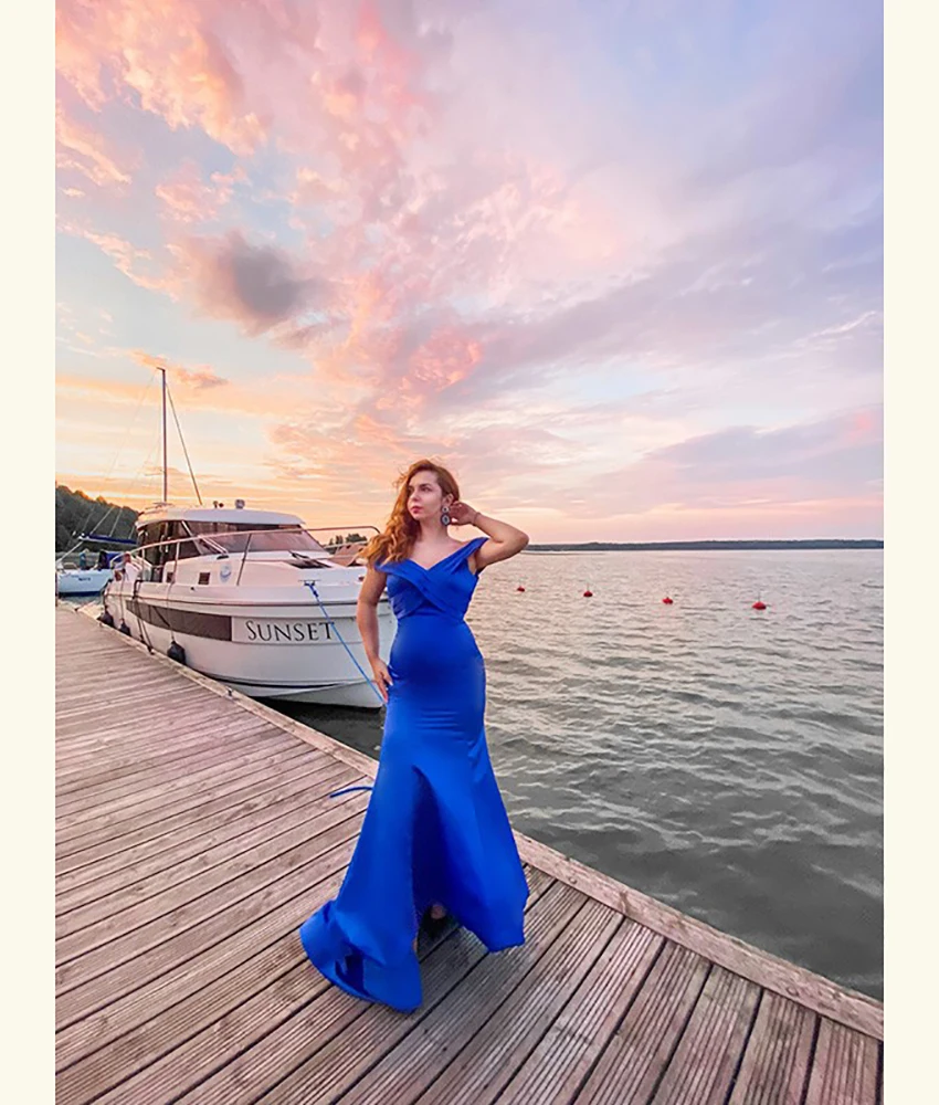 

Customized Delicate Satin Mermaid Off the Shoulder Evening Dress Graceful V-Neck Short Sleeves فستان سهرة نسائي