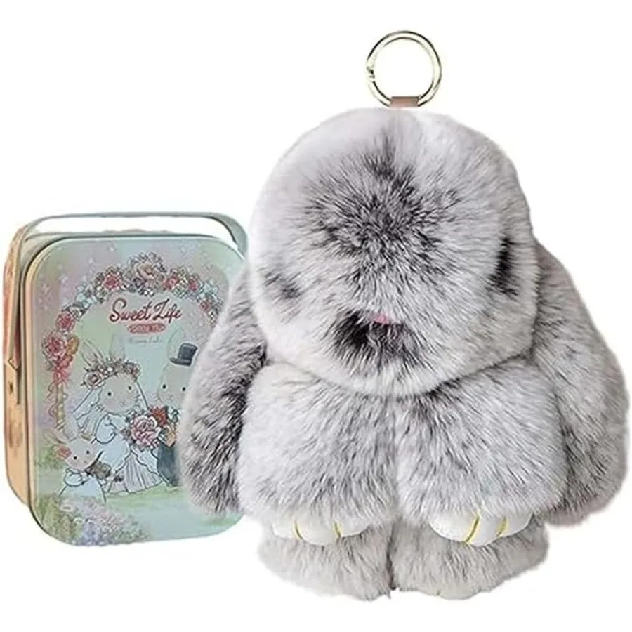 

Bunny Lulu keychain with tin handmade soft and cute rabbit pompom pendant Bunny Cute Plush Keychain