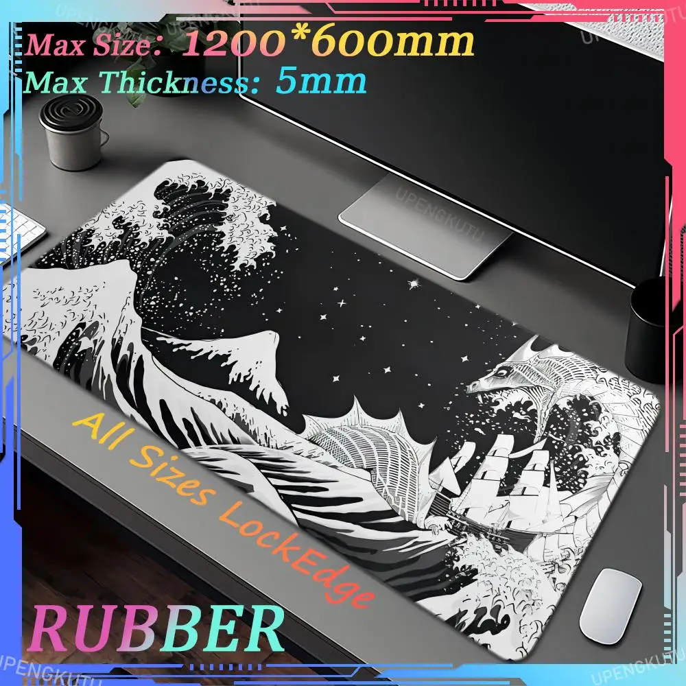 

Japanese Wave MousePad Gray Art Aesthetics XXL Computer Home Keyboard Pad Office Soft Non-slip Computer Pad Lock Edge Mouse Pad