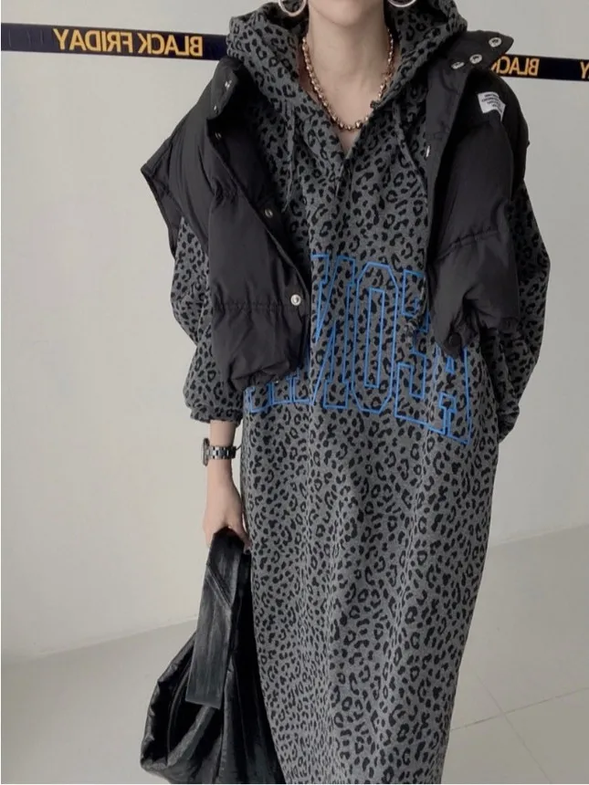 

East Gate Retro ket Leopard Print Lettering Midi over Knee Hoodie Dr Women's Loose Fit Knitted Cotton Long Sve Casual