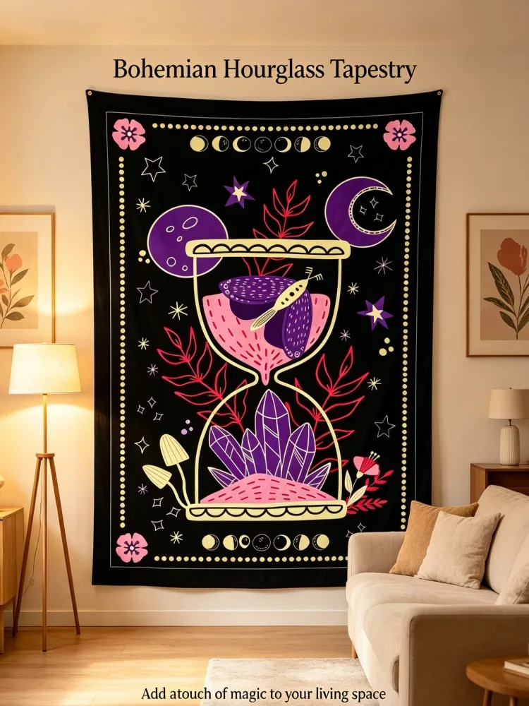 Boho Celestial Hourglass Tapestry Moon Phase & Crystal Wall Hanging for Bedroom Decor