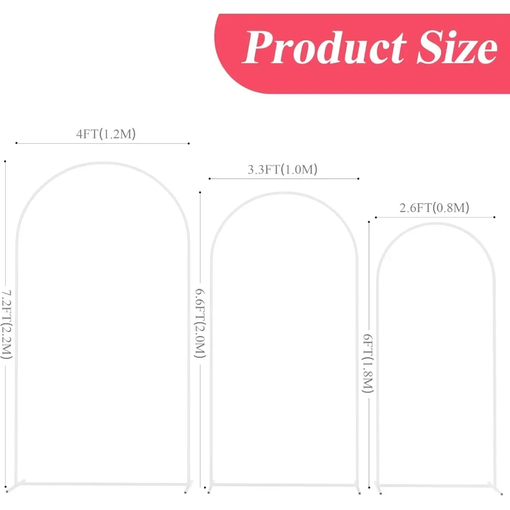 Wedding Arch Stand Set of 3 (7.2FT, 6.6FT, 6FT) White Metal Arched Backdrop Frame for Ceremony Parties Garden Balloon Decoration