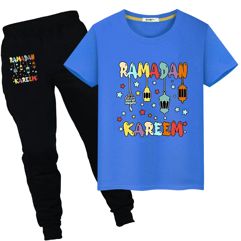 Eid Ramadan Muslim Print Summer T-shirt boy girl Sets Holiday gift Short Tops+pant Kids With Moon Ramadan Mubarak Festive Outfit