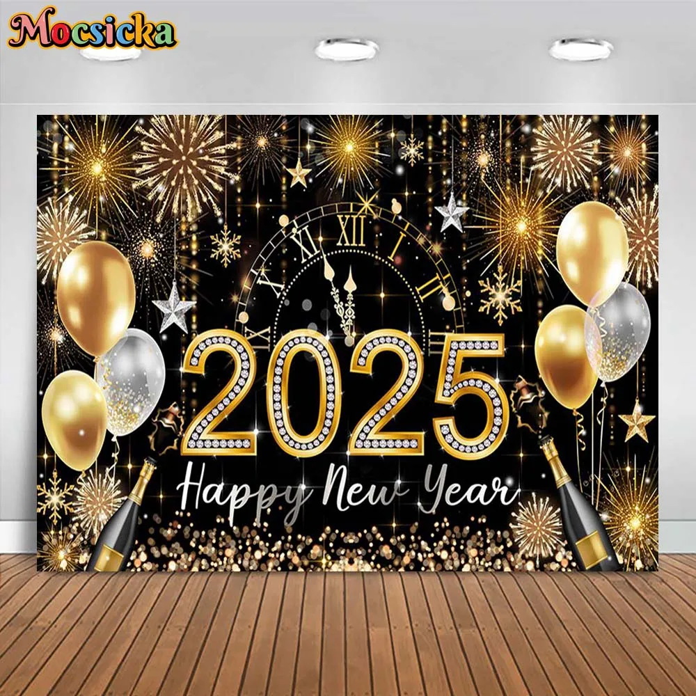 

Mocsicka 2025 Happy New Year Backdrop Glitter Gold New Year's Eve Party Decor Festival Family Portrait Background Photocall Prop