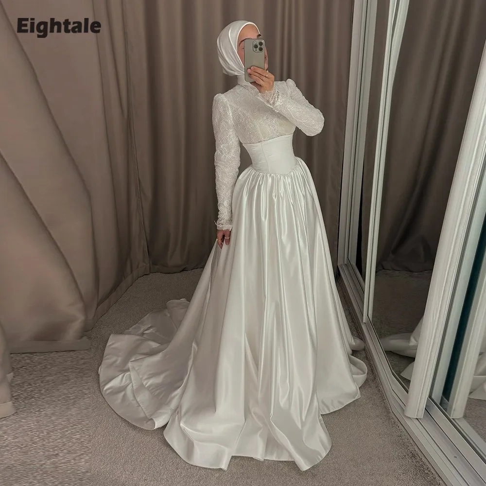 

Eightale Arabic Wedding Dress O-Neck Lace Customized Ivory Satin Long Sleeves Muslim Bridal Gown A-Line Bride Party Dress