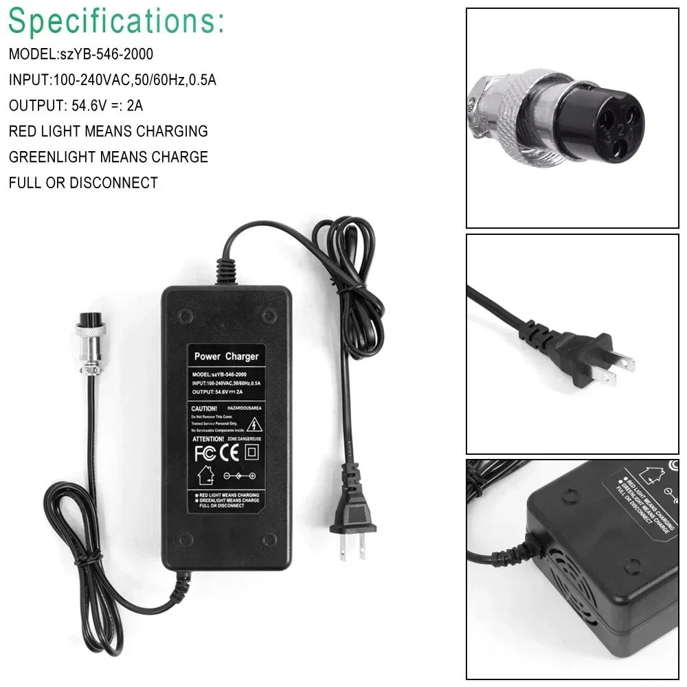 54.6V GX16 3-Pin Charger 2A for VSETT 8 8+9 9+10+ SPEEDUAL ZERO 9 10 8X 10X 11X Electric Scooter Charger Lithium Battery Pack
