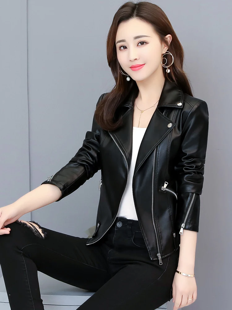 Giacca in Pelle da Donna Primaverile/Autunnale con Colletto Rovesciato, Stile Biker Slim Fit, Versione Coreana Heining