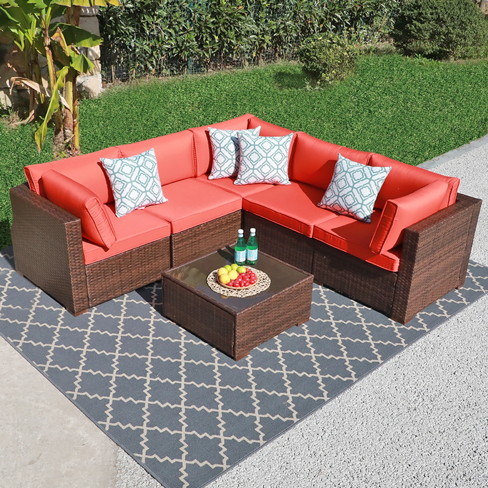 

JARDINA 6PCS Patio Furniture Outdoor Sectional Conversation Sofa Set Brown Wicker with Cushions and Glass Coffee Table