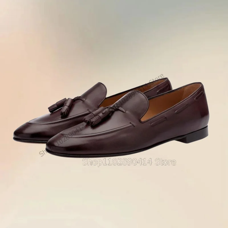 

Brown Leather Tassels Sewing Design Men Loafers Fashion Slip On Men Shoes Luxury Handmade Party Banquet Office Men Dress Shoes