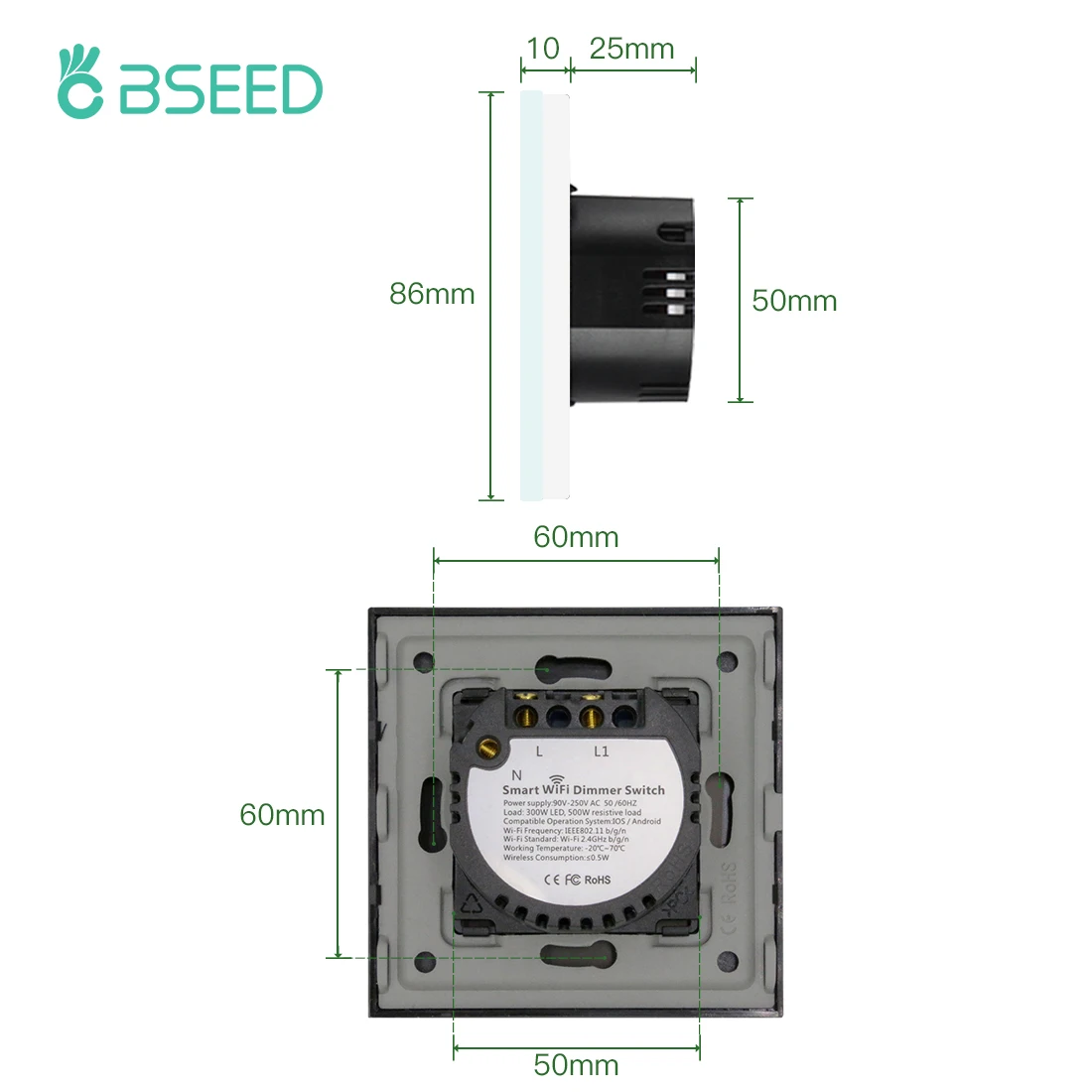 BSEED Wifi Ściemniacz Przełączniki APP Control Led Smart Dimmer Series White Glass Panel Support Tuya Google Smart Life Dimmable LED