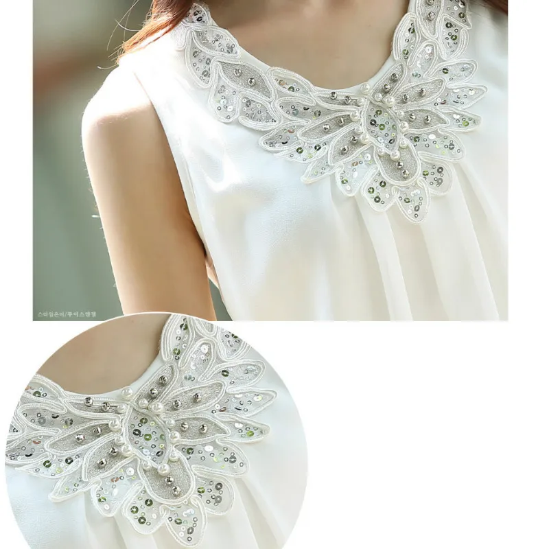 New Women Sleeveless Chiffon Blouse Casual Lace Crochet Stitching White Shirt Office Plus size S-6XL