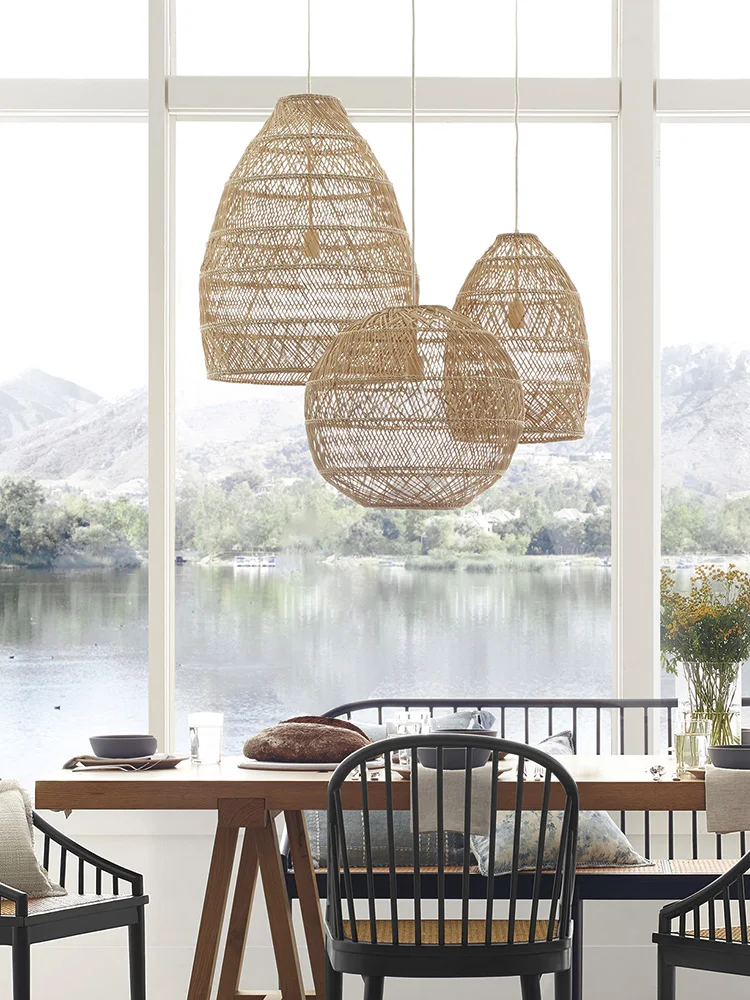 Handmade Natural Rattan Chandelier Woven Ceiling Lamp Pastoral Style for Restaurant Cafe Hotel Homestay Bedroom Decor Lighting