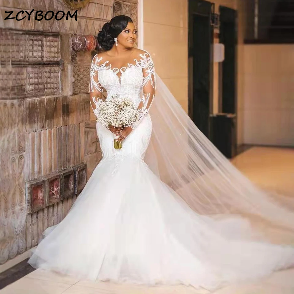 Gorgeous Sheer Neck Mermaid African Wedding Dress 2026 Long Sleeves Lace Appliques Vintage Bride Gown Plus Size Vestido De Novia