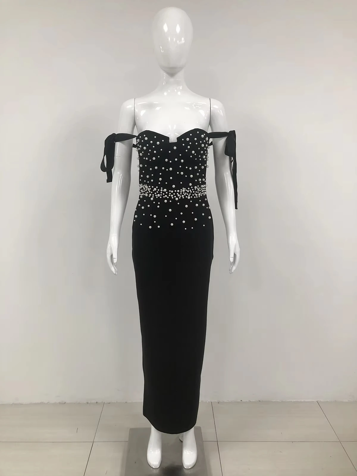 Women's Strapless Pearls Beading Black Prom Ball Dress Elegant Luxury One Shoulder Bow Bodycon Bandage Dress