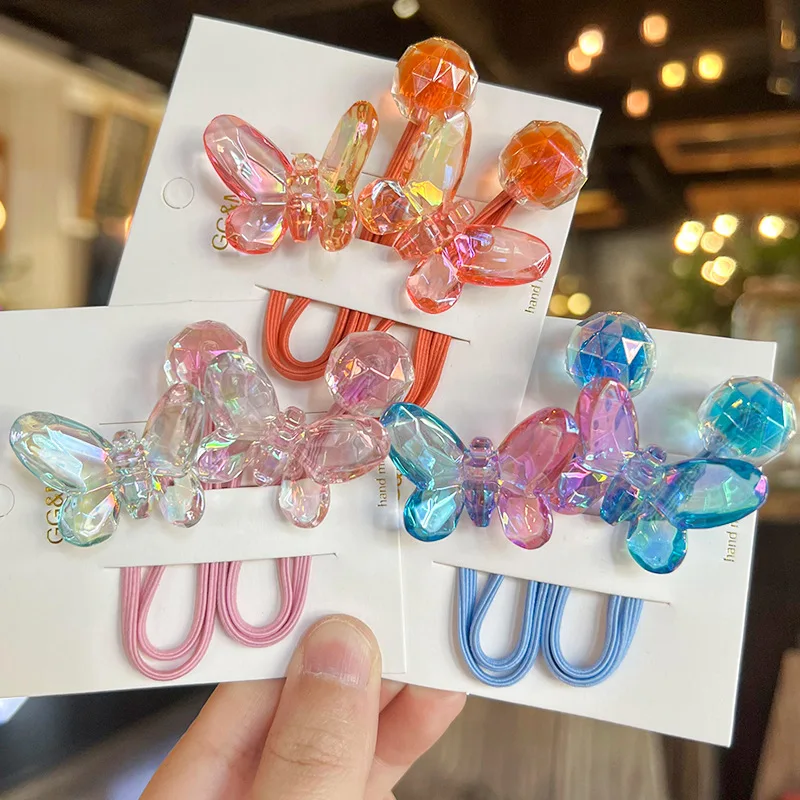 Translucent Big Bow Hair Bands Korean Kids High Elastic Ponytail Holders Twisted Design with Sparkle Beads